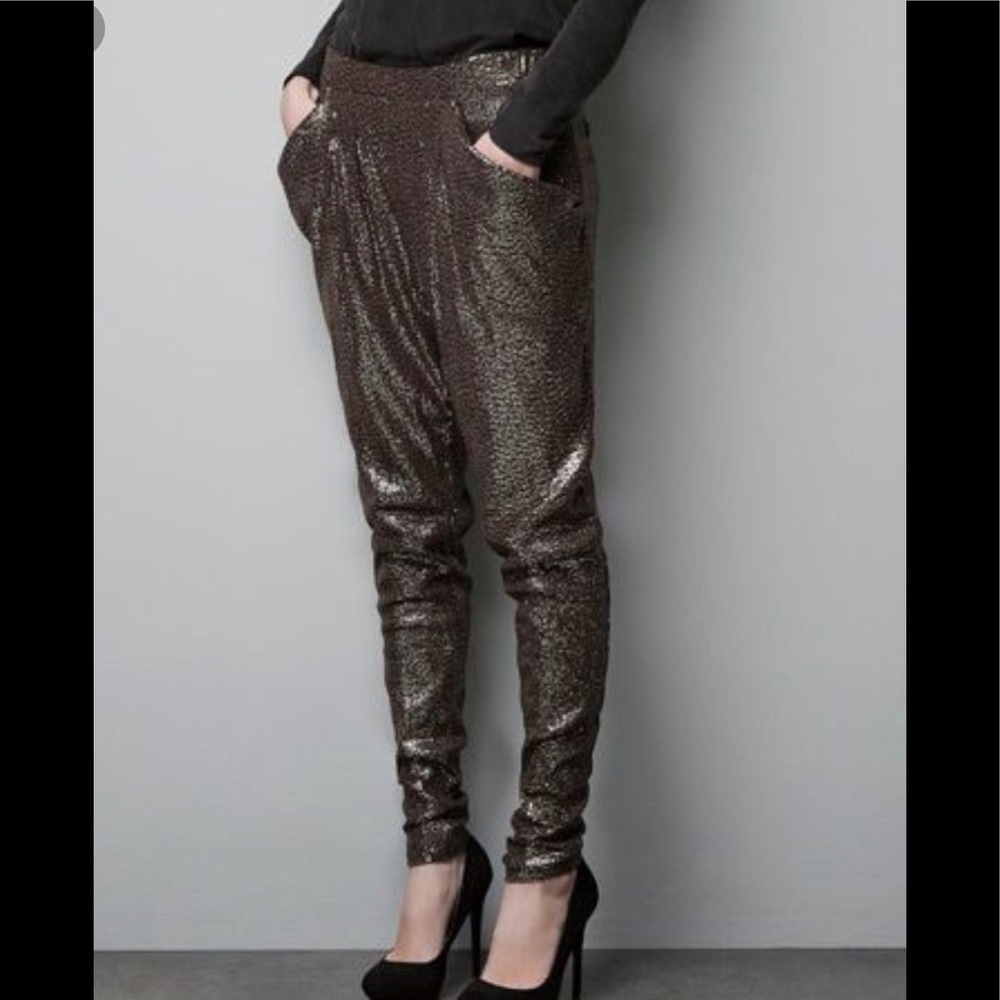 Zara Basic Women Sequined Pants Bronze Size S
